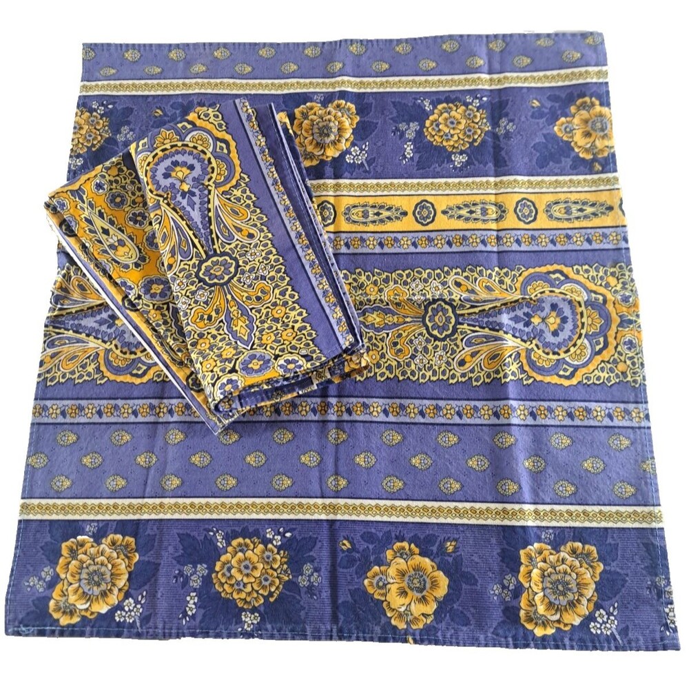 Vintage Blue & Yellow Cloth Napkins Set of 3 Cottage Floral 17x18 Boho Crafts